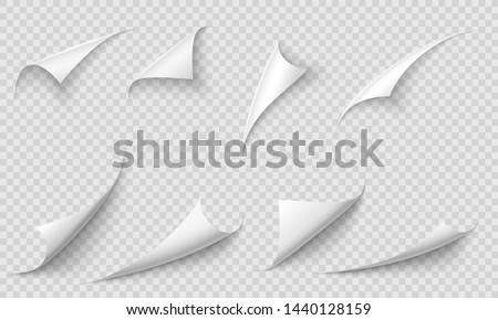 Curled page corner. Paper edges, curve pages corners and papers curls with realistic shadow. Flipping book page, blank curling papers corner. Isolated 3d vector illustration signs set Foto stock © 