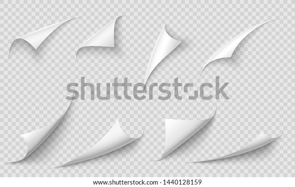 Curled page\
corner. Paper edges, curve pages corners and papers curls with\
realistic shadow. Flipping book page, blank curling papers corner.\
Isolated 3d vector illustration signs\
set