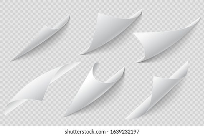 Curled page corner set. Graphic element for documents, flyers, posters, templates. Curved page corner with shadow. Set of six curled corners with transparent shadow.