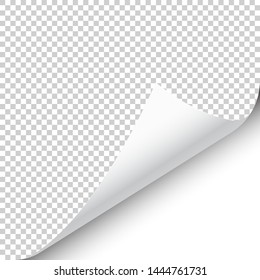 Curled page corner with shadow on transparent background. Blank sheet of paper. Vector illustration.
