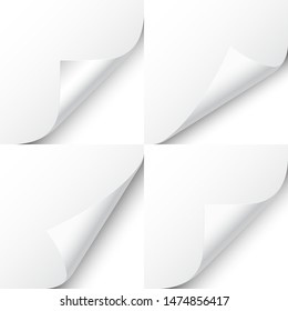Curled page corner with shadow on transparent background collection. Blank sheet of paper. Vector illustration.