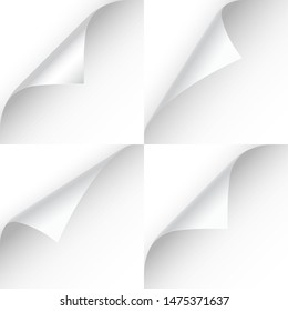 Curled page corner with shadow on transparent background collection. Blank sheet of paper. Vector illustration.