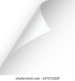 Curled page corner with shadow on transparent background. Blank sheet of paper. Vector illustration.