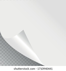 Curled page corner with shadow on transparent background. Blank sheet of paper. Vector illustration.