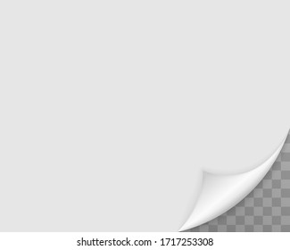 Curled page corner with shadow on transparent background. Bending paper vector mockup. Vector template illustration for your design.