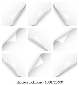 Curled page corner with shadow on transparent background collection. Blank sheet of paper. Vector illustration.