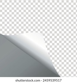 Esquina de página rizada con sombra sobre fondo transparente. Hoja en blanco. Ilustración vectorial. eps 10