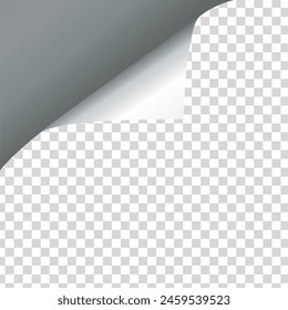 Gekrümmte Seitenecke mit Schatten auf transparentem Hintergrund. Leeres Blatt Papier. Vektorillustration. EPS 10