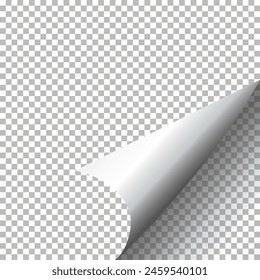 Esquina de página rizada con sombra sobre fondo transparente. Hoja en blanco. Ilustración vectorial. eps 10