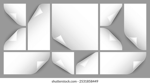 Curled page corner with shadow on transparent background collection. Blank sheet of paper. Vector illustration.