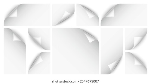 Curled page corner with shadow on transparent background collection. Blank sheet of paper. Vector illustration.