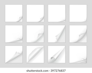 Curled page corner. Square white sheet edge, curve page corner and paper curl with realistic shadow big isolated set. Sticker curly angle, flip torn bent border notepad vector illustration
