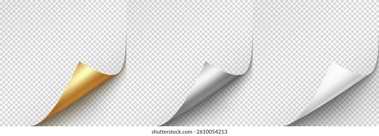 Curled page corners isolated on transparent background. Blank curve paper edge, bent sheet, note angle with realistic shadow. Vector rolled up stickers, peel banners