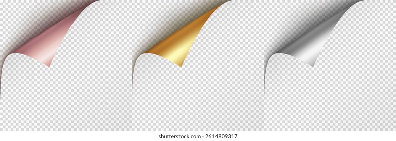 Curled page corners isolated on transparent background. Blank curve paper edge, bent sheet, note angle with realistic shadow. Vector rolled up stickers, peel banners