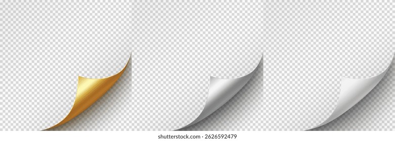 Cantos de página enrolados isolados no plano de fundo transparente. Borda de papel de curva em branco, folha dobrada, ângulo de nota com sombra realista. Vetor enrolado adesivos, faixas de casca