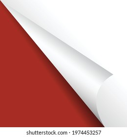 Curled page. Red paper blank page curled corner with shadow. Vector template realistic illustration for your design. White paper corner red background. Paper sheet sticker illustration