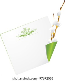 Curled page with willow branch. Vector