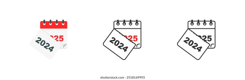 Curled paper calendar 2024 - 2025. New Year 2025. Tear off the calendar sheet flat icon. Vector isolated illustration