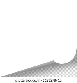 Curled paper corner. Curve page corner, page edge curl and bent paper sheet with realistic shadow. Paper corner fold isolated on white background