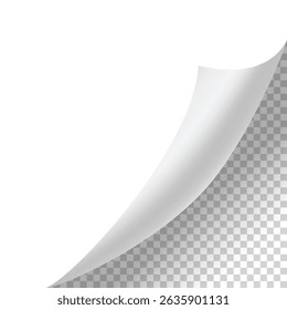 Curled paper corner. Curve page corner, page edge curl and bent paper sheet with realistic shadow. Paper corner fold isolated on white background