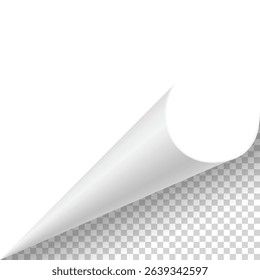 Curled paper corner. Curve page corner, page edge curl and bent paper sheet with realistic shadow. Paper corner fold isolated on white background