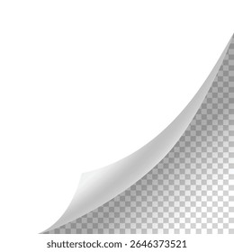 Curled paper corner. Curve page corner, page edge curl and bent paper sheet with realistic shadow. Paper corner fold isolated on white background