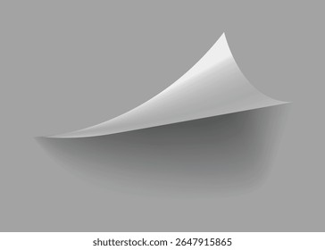 Curled paper corner. Curve page corner, page edge curl and bent paper sheet with realistic shadow. Paper corner fold isolated on white background