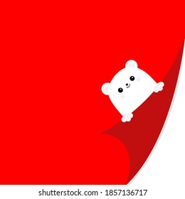 Curled paper corner. White bear face holding fold page corners. Paw print. Merry Christmas. Cute cartoon kawaii funny baby animal character. Xmas greeting card template. Red background Isolated Vector