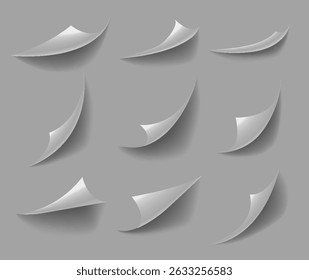 Curled paper corners. Curve page corner, pages edge curl and bent papers sheet with realistic shadow. Paper corner folds isolated on white background