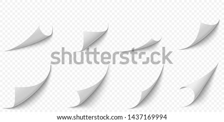 Curled paper corners. Curve page corner, pages edge curl and bent papers sheet with realistic shadow. Writing blank paper, a4 pages corners. Isolated 3d vector illustration icons set