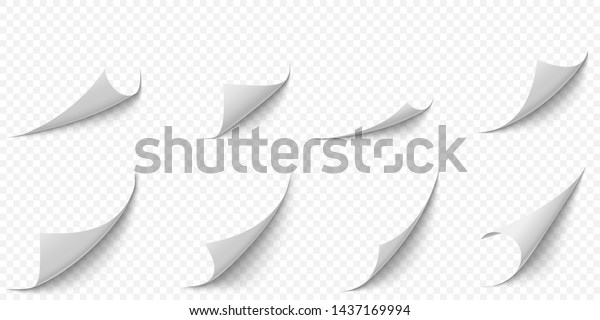 Curled paper\
corners. Curve page corner, pages edge curl and bent papers sheet\
with realistic shadow. Writing blank paper, a4 pages corners.\
Isolated 3d vector illustration icons\
set