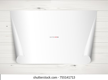 Curled paper sheet on white wooden texture. Empty white paper for background. Vector illustration.