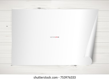Curled paper sheet on wooden texture. Empty white paper for background. Vector illustration.