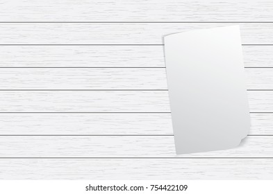 Curled paper sheet on wooden texture. Empty white paper for background. Vector illustration.
