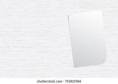 Curled paper sheet on wooden texture. Empty white paper for background. Vector illustration.