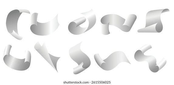 Curled paper sheet set. Realistic blank white papers isolated vector illustration