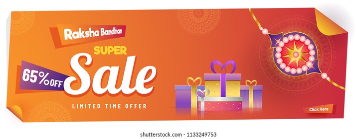 Curled paper style, sale header or banner design with 65% discount offer and illustration of rakhi (Wristband), gift boxes for Raksha Bandhan festival.