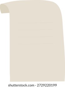 Curled parchment sheet with soft lines and gentle fold, empty for text or message. Symbol of history, decree, contract, and ancient document for writing or note. Cartoon vector illustration.