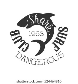 Curled Reef Shark Summer Surf Club Black And White Stamp With Dangerous Animal Silhouette Template