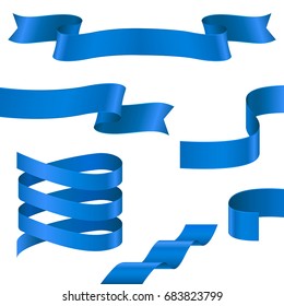 Curled Ribbons. Collection Of Blue Ribbon Banners. Vector 3d Illustration Isolated On White Background