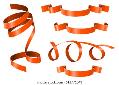 Curled ribbons. Collection of orange ribbon banners. Vector 3d illustration isolated on white background
