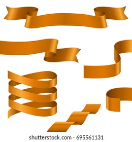 Curled ribbons. Collection of orange silver ribbon banners. Vector 3d illustration isolated on white background