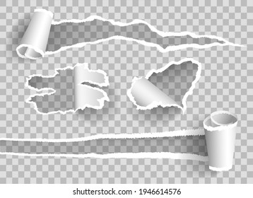 Curled ripped paper. Transparent rip holes with shredded edges and wripped wisps isolated vector illustration, realistic torn textures