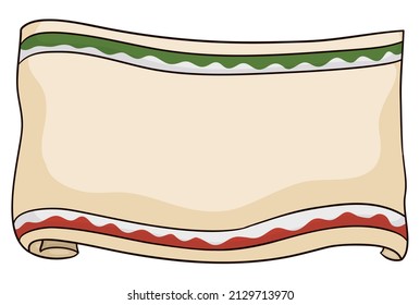 Curled scroll template decorated with ribbons in red, white and green colors. Isolated design in cartoon style.