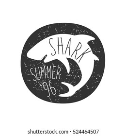 Curled Shark In Round Frame Summer Surf Club Black And White Stamp With Dangerous Animal Silhouette Template