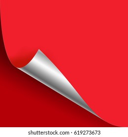 Curled Silver Metallic Corner Vector. Red Paper with Shadow Mock up Close up On Red Backdound