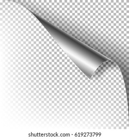 Curled Silver Metallic Corner Vector. Paper with Shadow Mock up Close up Isolated on Transparent Background