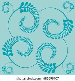Curled turquoise stalks with leaves on a light turquoise background