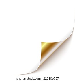 Curled White Paper Corner With Gold Back Side. Vector Illustration