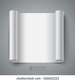 Curled white paper leaf with realistic shadows on grey background mockup. RGB EPS 10 vector illustration